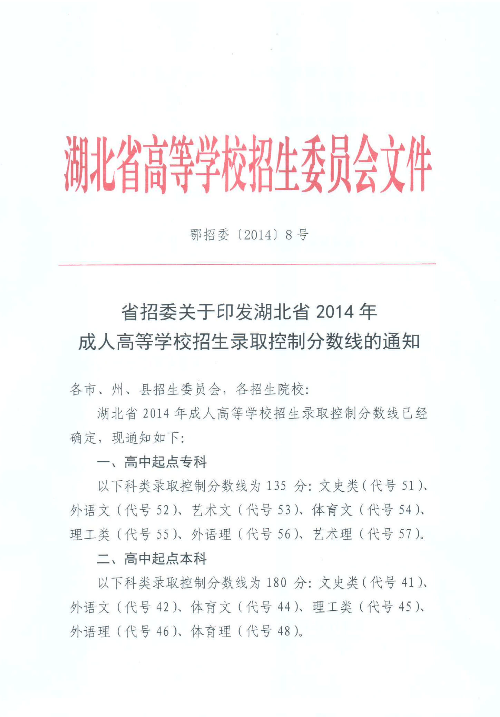 湖北省2014年成人高等學(xué)校招生錄取控制分?jǐn)?shù)線