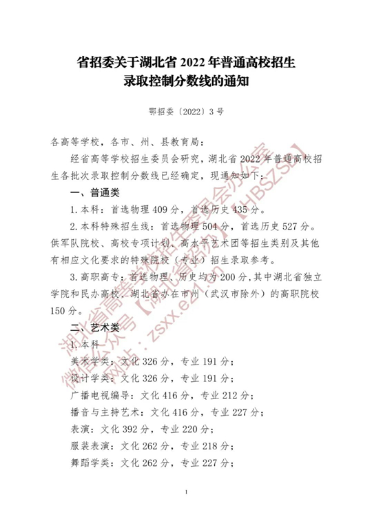 關(guān)于湖北省2022年普通高校招生錄取控制分?jǐn)?shù)線的通知