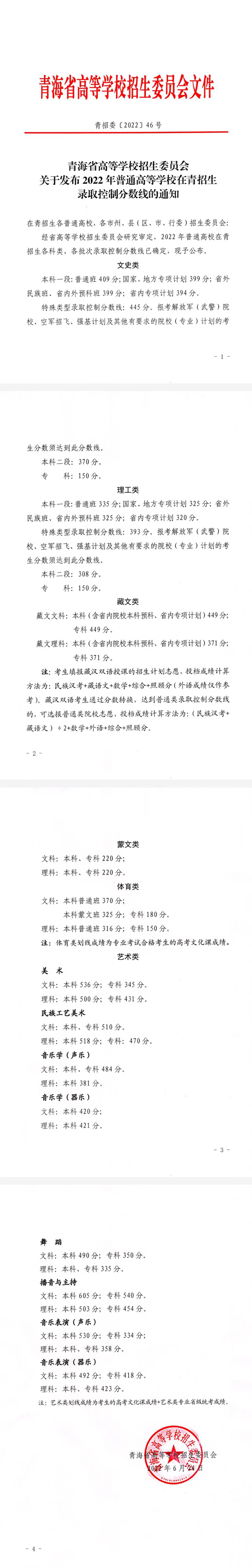 關(guān)于發(fā)布2022年普通高等學(xué)校在青招生錄取控制分數(shù)線的通知