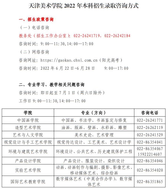 天津美術(shù)學(xué)院2022年本科招生錄取咨詢方式