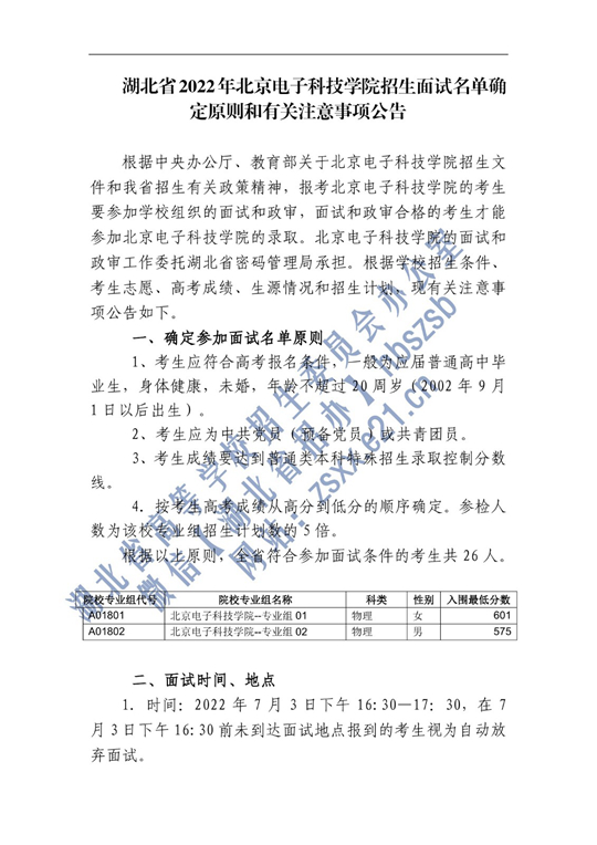 2022年北京電子科技學(xué)院在湖北省招生面試名單確定原則和有關(guān)注意事項(xiàng)公告