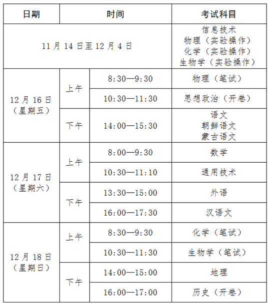 2022年下半年吉林省普通高中學(xué)業(yè)水平合格性考試日程表