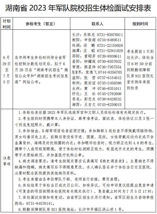 湖南省2023年軍隊院校招生體格檢查和面試工作手冊