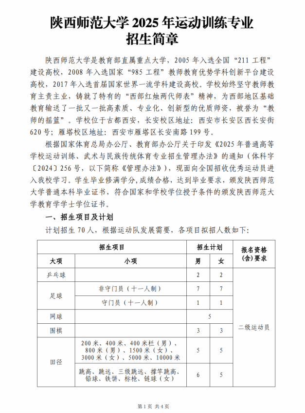陜西師范大學(xué)2025年運(yùn)動(dòng)訓(xùn)練專(zhuān)業(yè)招生簡(jiǎn)章
