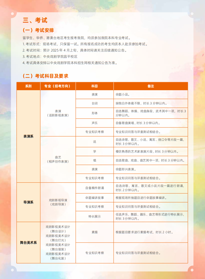 中央戲劇學(xué)院2025年本科招生留學(xué)生、華僑、港澳臺(tái)地區(qū)考生專業(yè)考試簡(jiǎn)章