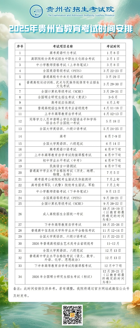 2025年貴州省教育考試時(shí)間安排