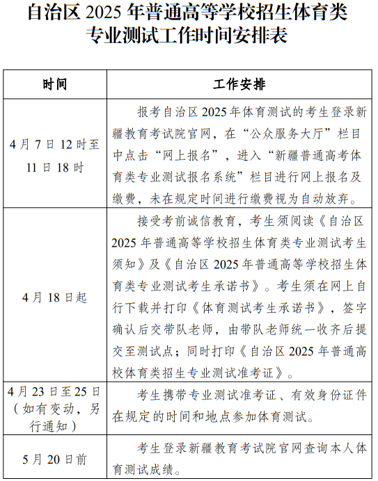新疆：2025年普通高等學(xué)校招生體育類專業(yè)測試工作時(shí)間安排表