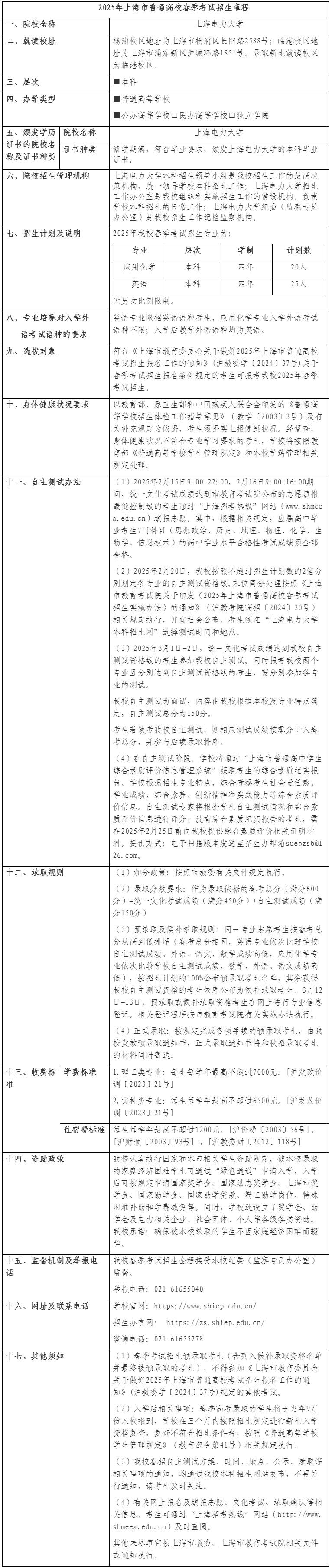2025年上海電力大學(xué)春季高考招生章程