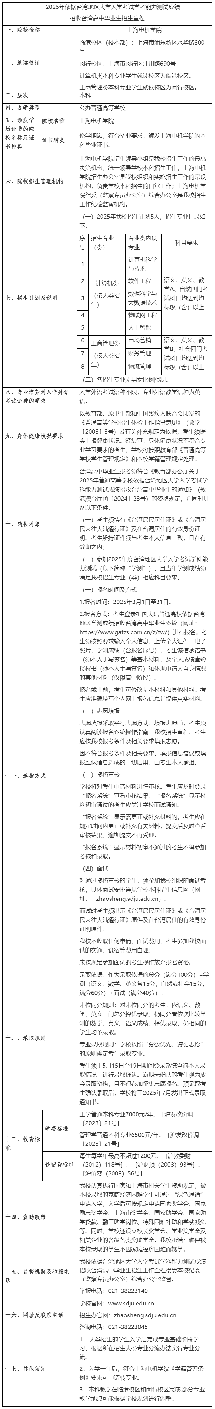 上海電機(jī)學(xué)院2025年依據(jù)臺(tái)灣地區(qū)大學(xué)入學(xué)考試學(xué)科能力測(cè)試成績(jī)招收臺(tái)灣高中畢業(yè)生招生章程