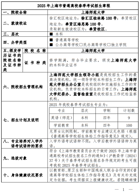上海師范大學(xué)2025年春季高考招生章程