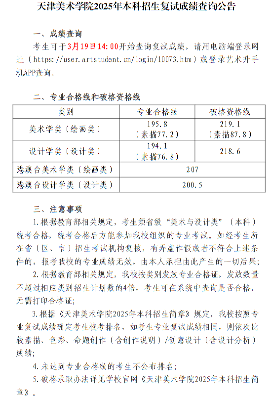 天津美術(shù)學(xué)院2025年本科招生復(fù)試成績(jī)查詢公告