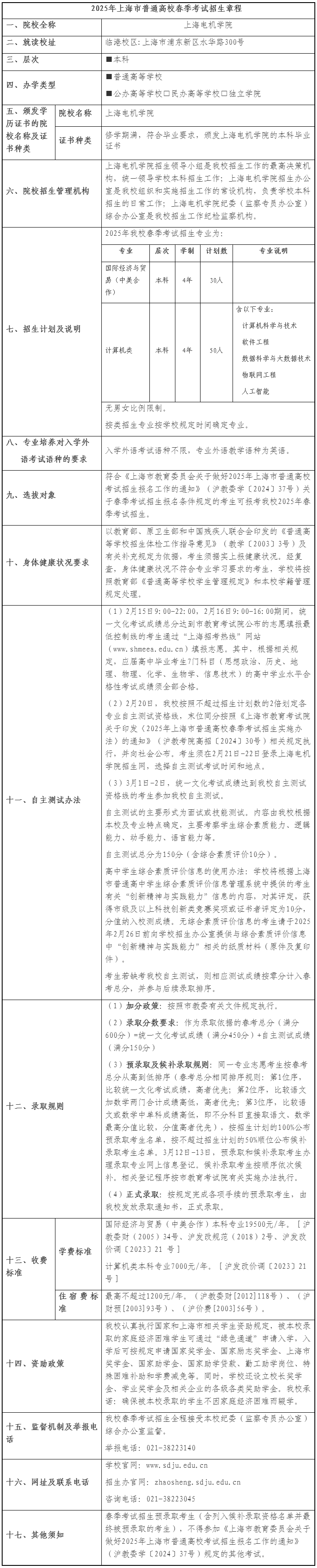 上海電機(jī)學(xué)院2025年春季招生章程