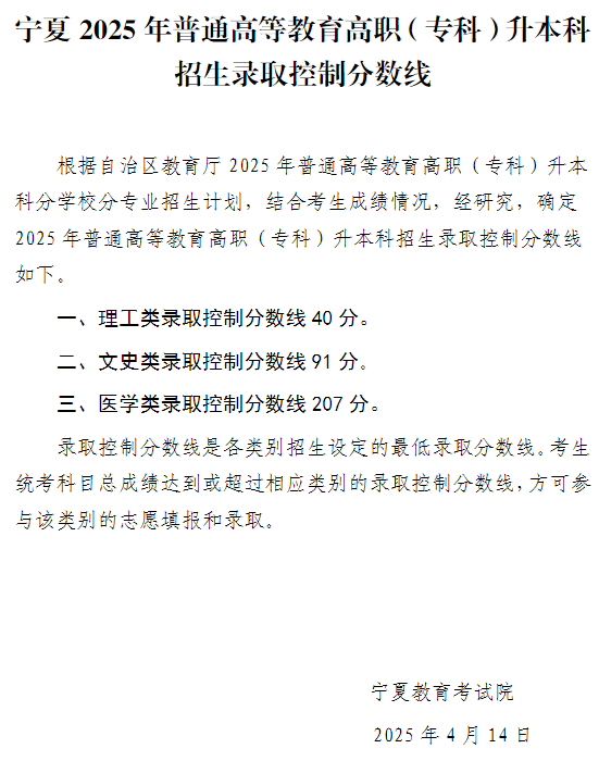 寧夏2025年普通高等教育高職（專科）升本科招生錄取控制分?jǐn)?shù)線