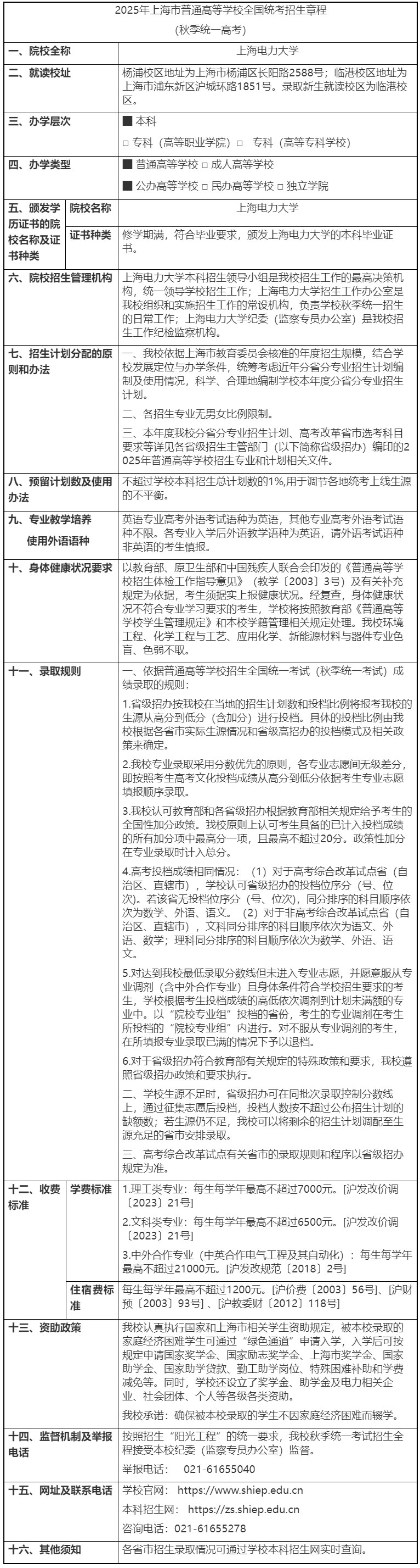 2025年上海電力大學(xué)招生章程（秋季高考）
