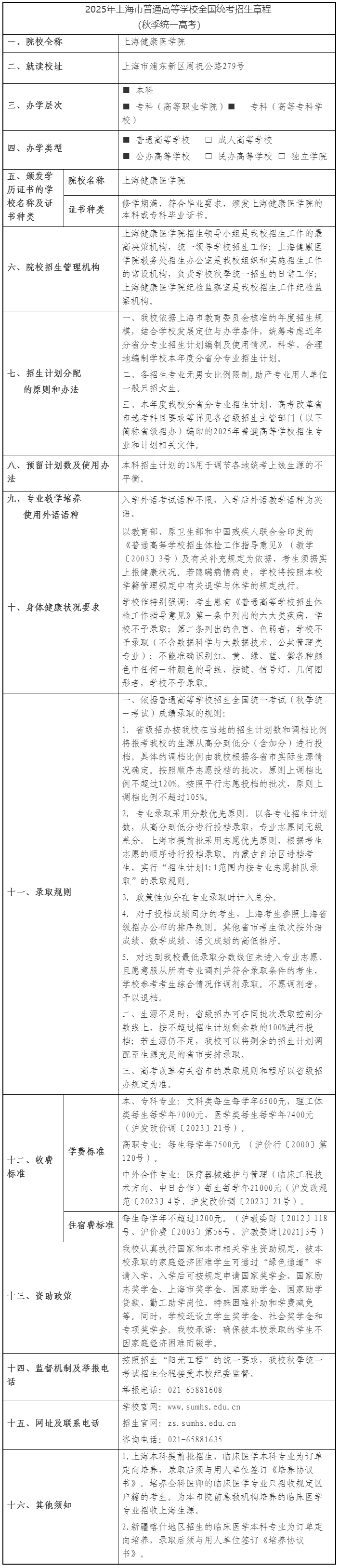 2025年上海健康醫(yī)學(xué)院全國(guó)統(tǒng)考招生章程（秋季統(tǒng)一高考）