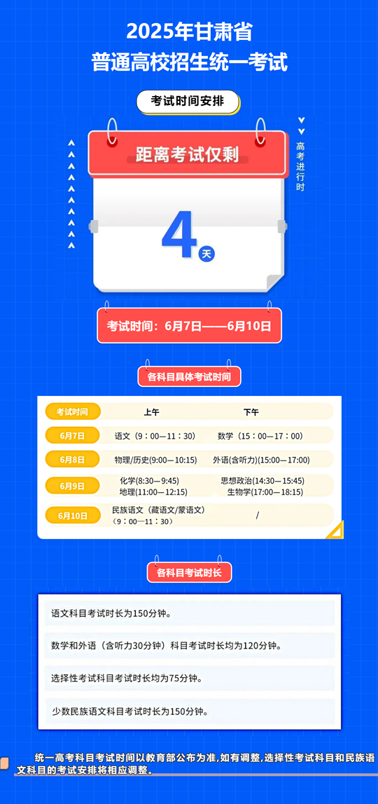 2025年甘肅省普通高校招生統(tǒng)一考試︱（一）考試時間安排
