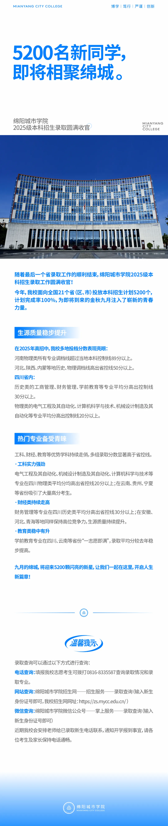 綿陽城市學(xué)院2025級本科招生錄取圓滿收官